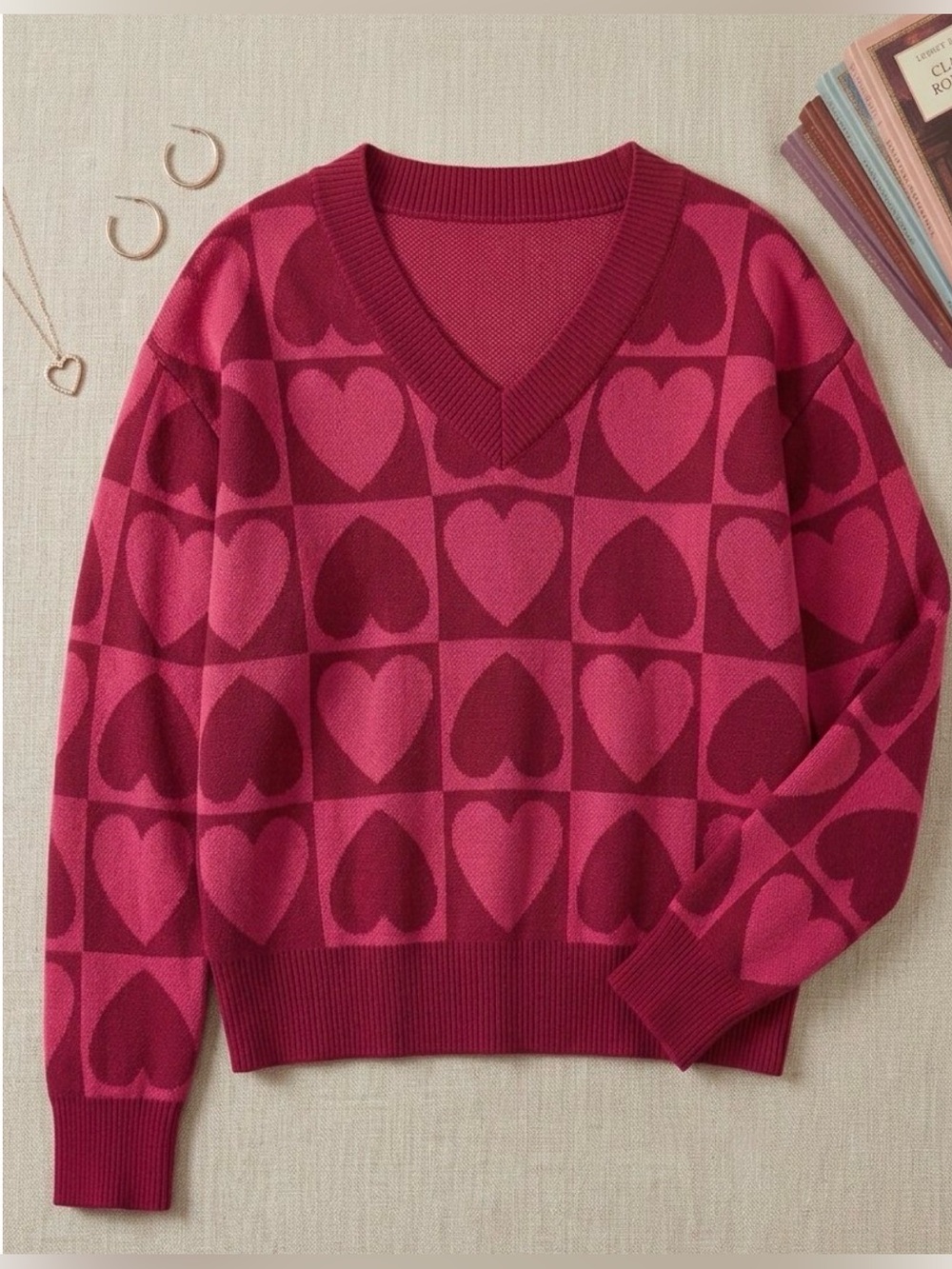 English Factory Heart Knit V-Neck Sweater Pink Magenta Valentine’s Day Holiday M